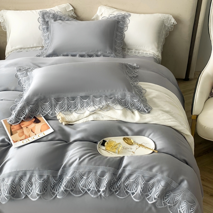 91家纺网 家纺一手货源 找家纺 榻尚 2023LF80奥地利天丝四件套精致蕾丝花边款 悦-绅士灰