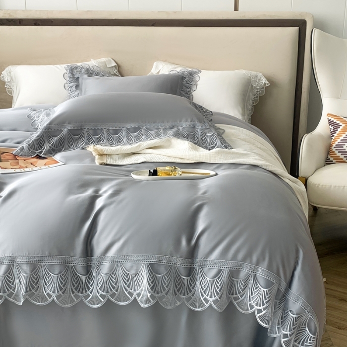 91家纺网 家纺一手货源 找家纺 榻尚 2023LF80奥地利天丝四件套精致蕾丝花边款 悦-绅士灰