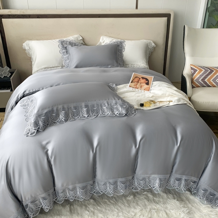 91家纺网 家纺一手货源 找家纺 榻尚 2023LF80奥地利天丝四件套精致蕾丝花边款 悦-绅士灰