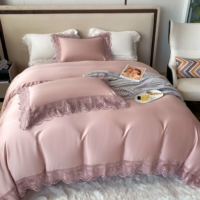 91家纺网 家纺一手货源 找家纺 榻尚 2023LF80奥地利天丝四件套精致蕾丝花边款 悦-娴静粉