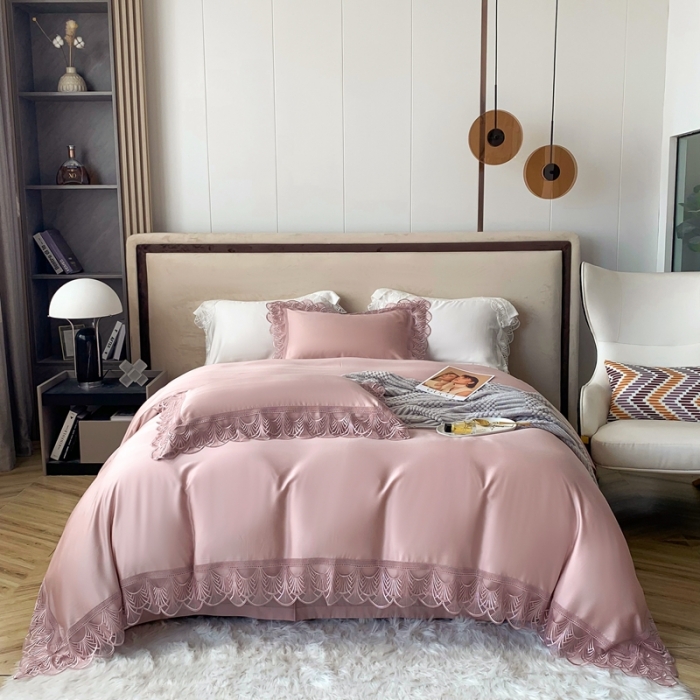 91家纺网 家纺一手货源 找家纺 榻尚 2023LF80奥地利天丝四件套精致蕾丝花边款 悦-娴静粉