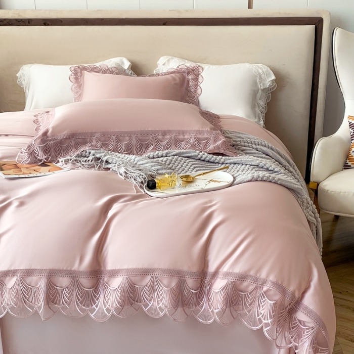 91家纺网 家纺一手货源 找家纺 榻尚 2023LF80奥地利天丝四件套精致蕾丝花边款 悦-娴静粉