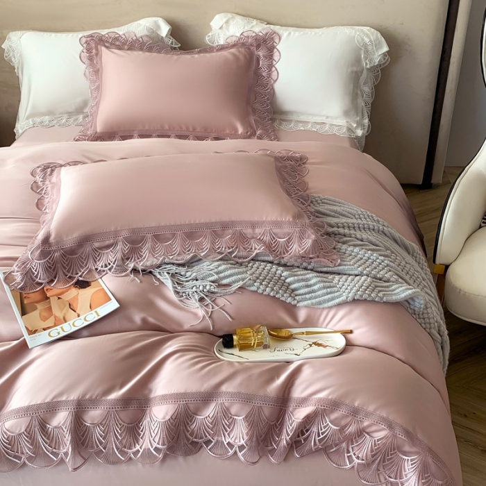 91家纺网 家纺一手货源 找家纺 榻尚 2023LF80奥地利天丝四件套精致蕾丝花边款 悦-娴静粉