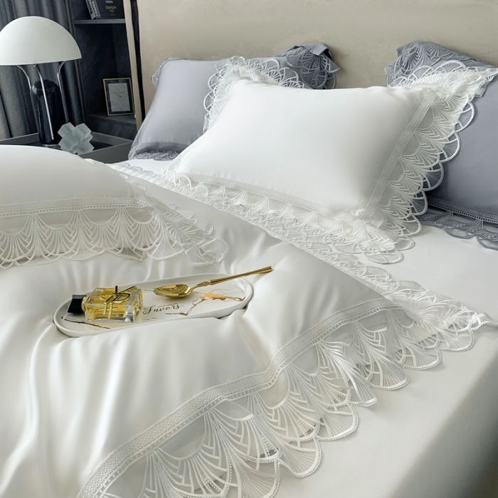 91家纺网 家纺一手货源 找家纺 榻尚 2023LF80奥地利天丝四件套精致蕾丝花边款 悦-云朵白