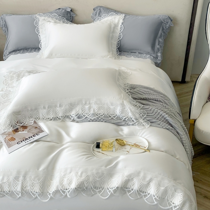 91家纺网 家纺一手货源 找家纺 榻尚 2023LF80奥地利天丝四件套精致蕾丝花边款 悦-云朵白