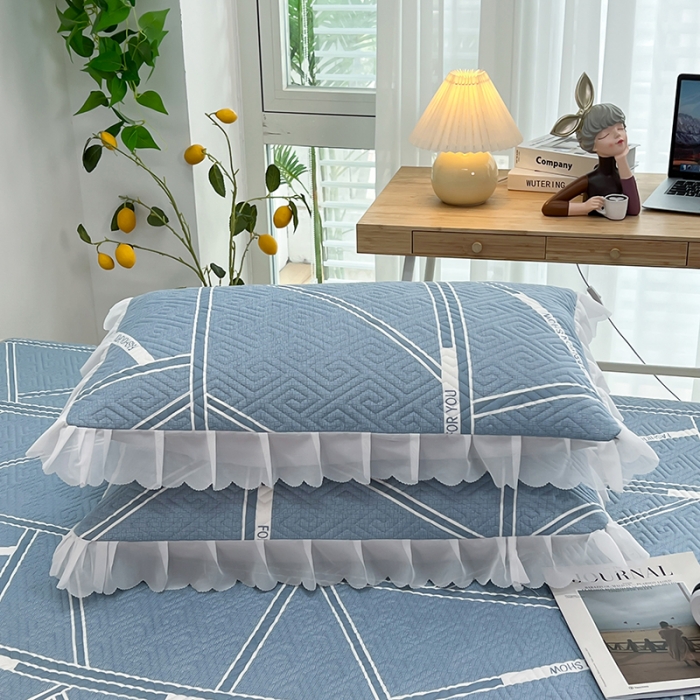 91家纺网 家纺一手货源 找家纺 新款四季通用夹棉枕套一对 格韵蓝