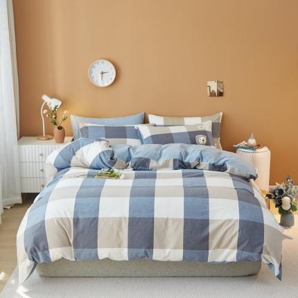 91家纺网 家纺一手货源 找家纺 宝士康 2023新款无印风系列四件套 深蓝大格