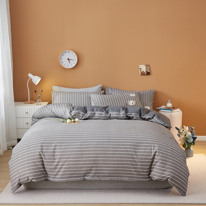 91家纺网 家纺一手货源 找家纺 宝士康 2023新款无印风系列四件套 麻灰白条