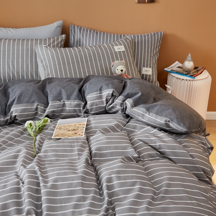 91家纺网 家纺一手货源 找家纺 宝士康 2023新款无印风系列四件套 麻灰白条