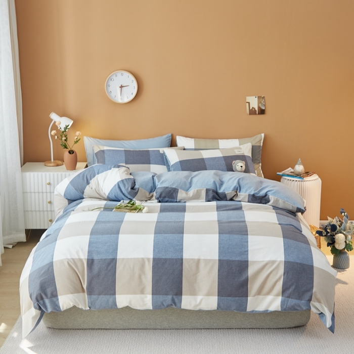 91家纺网 家纺一手货源 找家纺 宝士康 2023新款无印风系列四件套 深蓝大格