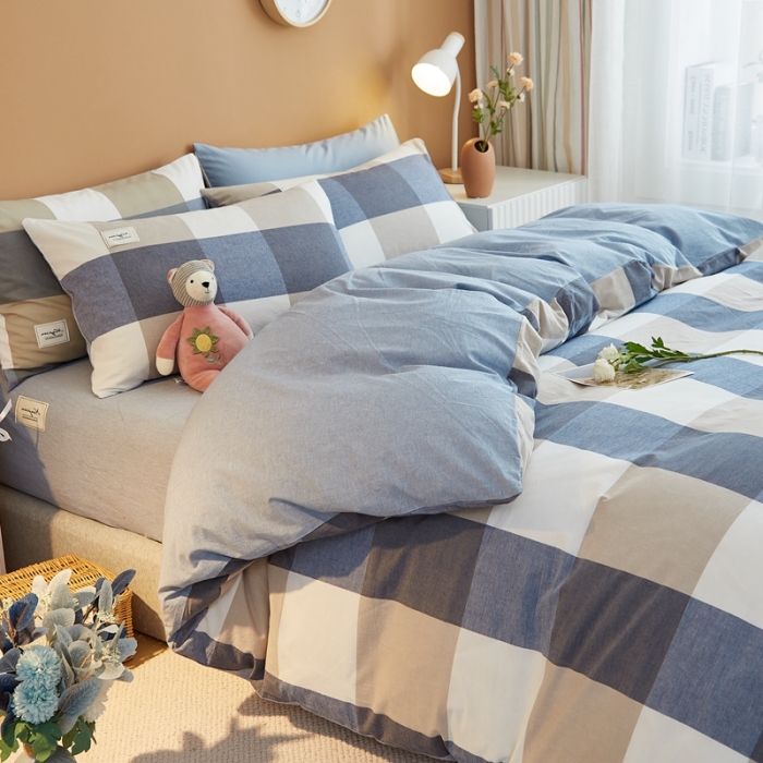 91家纺网 家纺一手货源 找家纺 宝士康 2023新款无印风系列四件套 深蓝大格