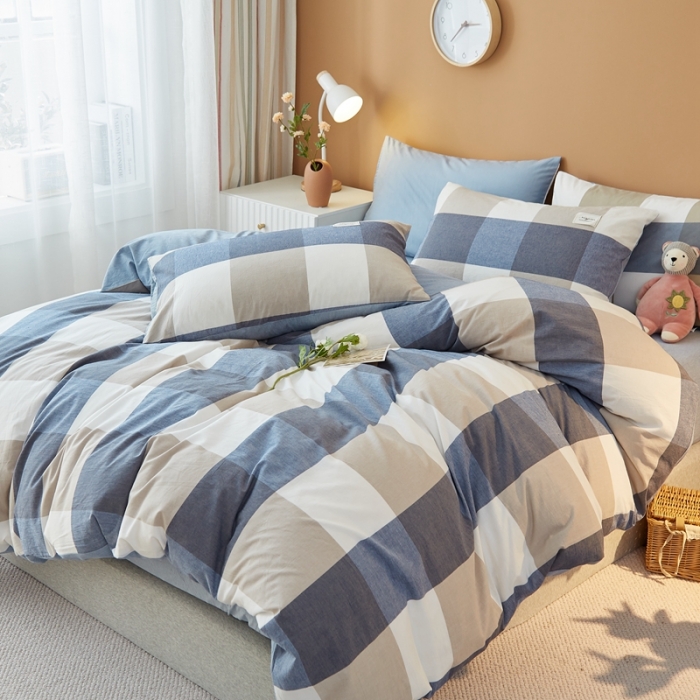 91家纺网 家纺一手货源 找家纺 宝士康 2023新款无印风系列四件套 深蓝大格