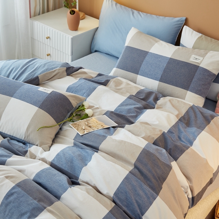 91家纺网 家纺一手货源 找家纺 宝士康 2023新款无印风系列四件套 深蓝大格