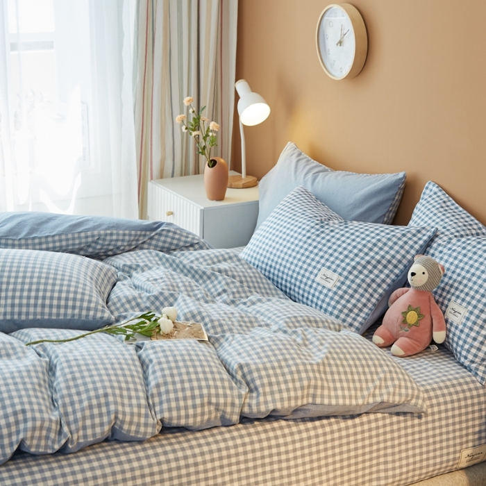 91家纺网 家纺一手货源 找家纺 宝士康 2023新款无印风系列四件套 天蓝小格