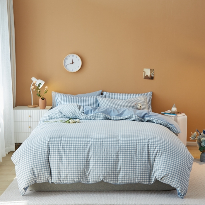 91家纺网 家纺一手货源 找家纺 宝士康 2023新款无印风系列四件套 天蓝小格