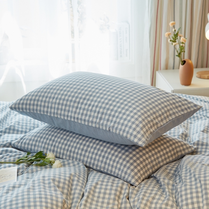 91家纺网 家纺一手货源 找家纺 宝士康 2023新款无印风系列四件套 天蓝小格