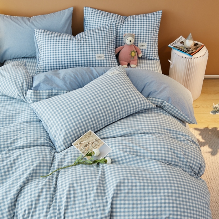 91家纺网 家纺一手货源 找家纺 宝士康 2023新款无印风系列四件套 天蓝小格