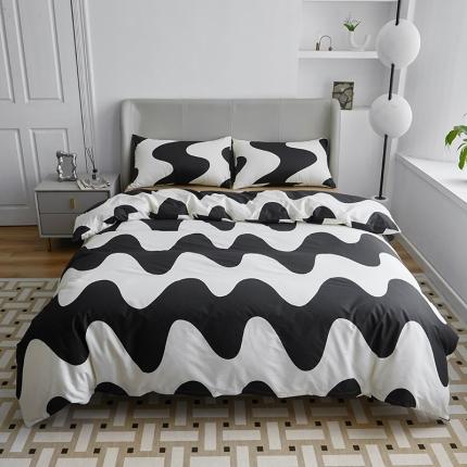 艾佳 2025新款全棉黑白经典波浪纹四件套-场景二波浪-黑白