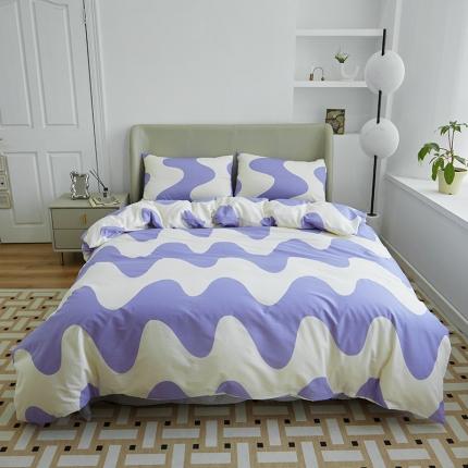 艾佳2025新款全棉黑白经典波浪纹四件套-场景二波浪-芋泥紫