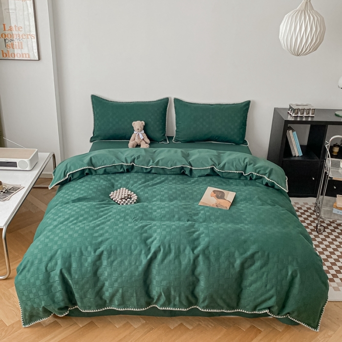 91家纺网 家纺一手货源 找家纺 金丝鸟2023新款A类60支全棉水洗棉华夫格四件套苏珊格绿