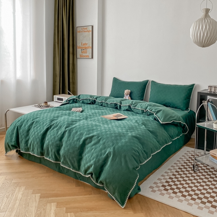 91家纺网 家纺一手货源 找家纺 金丝鸟2023新款A类60支全棉水洗棉华夫格四件套苏珊格绿