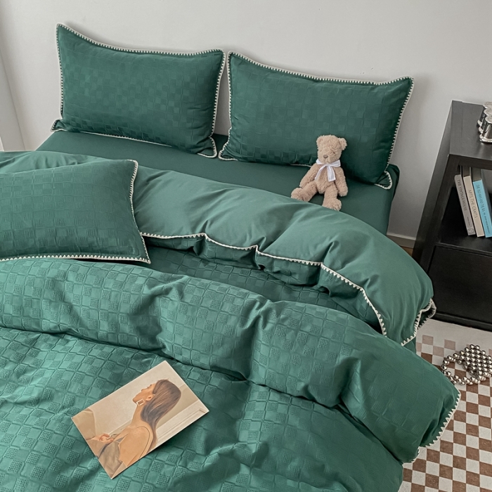 91家纺网 家纺一手货源 找家纺 金丝鸟2023新款A类60支全棉水洗棉华夫格四件套苏珊格绿