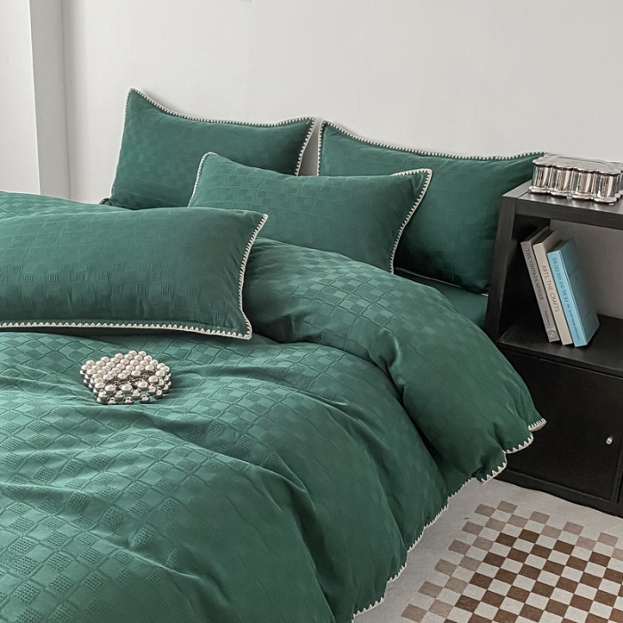 91家纺网 家纺一手货源 找家纺 金丝鸟2023新款A类60支全棉水洗棉华夫格四件套苏珊格绿