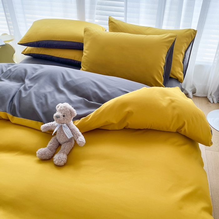91家纺网 家纺一手货源 找家纺 赫然家纺 2026新款纯色磨毛系列床单款四件套 姜黄+深灰