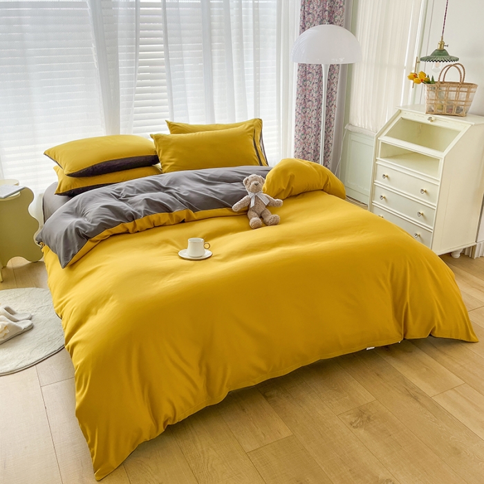 91家纺网 家纺一手货源 找家纺 赫然家纺 2026新款纯色磨毛系列床单款四件套 姜黄+深灰