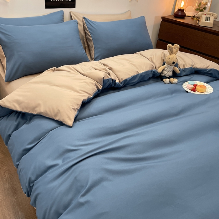 91家纺网 家纺一手货源 找家纺 赫然家纺 2026新款纯色磨毛系列床单款四件套 蓝色+驼色