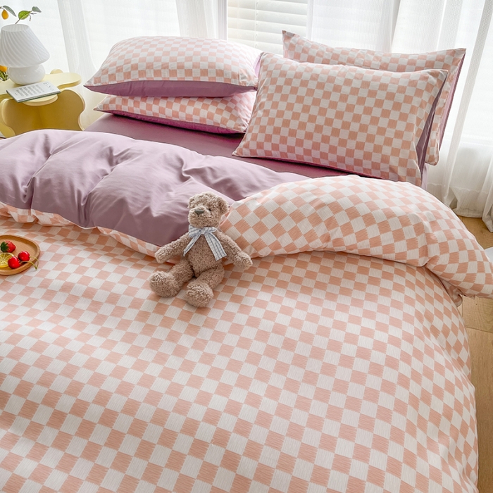 91家纺网 家纺一手货源 找家纺 赫然家纺 2026新款纯色磨毛系列床单款四件套 棋盘格-粉