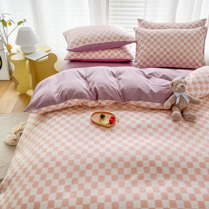 91家纺网 家纺一手货源 找家纺 赫然家纺 2026新款纯色磨毛系列床单款四件套 棋盘格-粉