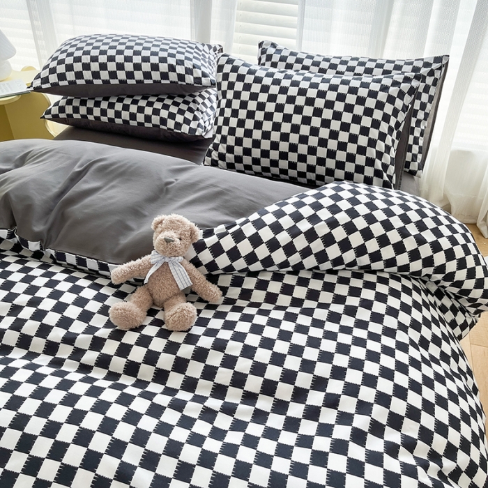 91家纺网 家纺一手货源 找家纺 赫然家纺 2026新款纯色磨毛系列床单款四件套 棋盘格-黑
