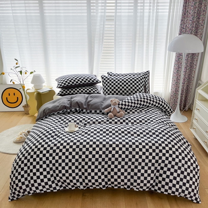 91家纺网 家纺一手货源 找家纺 赫然家纺 2026新款纯色磨毛系列床单款四件套 棋盘格-黑