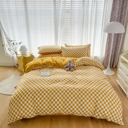 91家纺网 家纺一手货源 找家纺 赫然家纺 2026新款纯色磨毛系列床单款四件套 棋盘格-黄