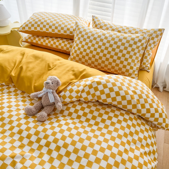 91家纺网 家纺一手货源 找家纺 赫然家纺 2026新款纯色磨毛系列床单款四件套 棋盘格-黄