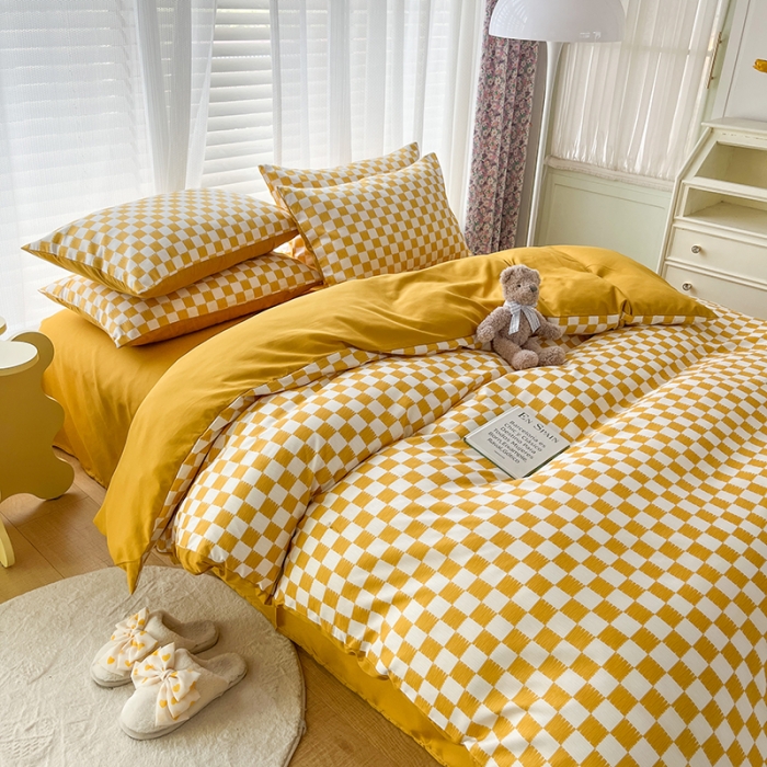 91家纺网 家纺一手货源 找家纺 赫然家纺 2026新款纯色磨毛系列床单款四件套 棋盘格-黄