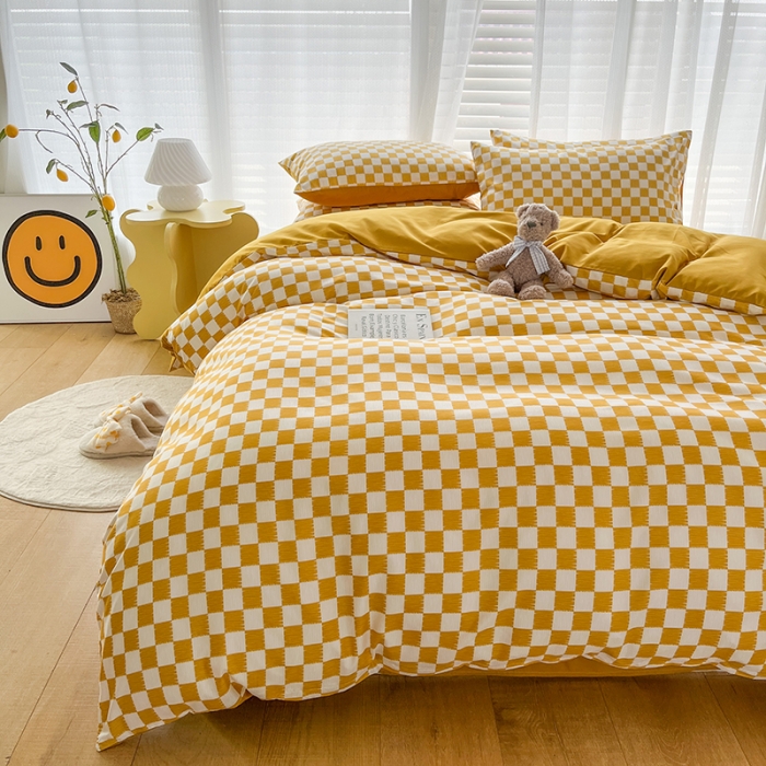 91家纺网 家纺一手货源 找家纺 赫然家纺 2026新款纯色磨毛系列床单款四件套 棋盘格-黄