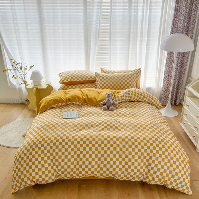 91家纺网 家纺一手货源 找家纺 赫然家纺 2026新款纯色磨毛系列床单款四件套 棋盘格-黄