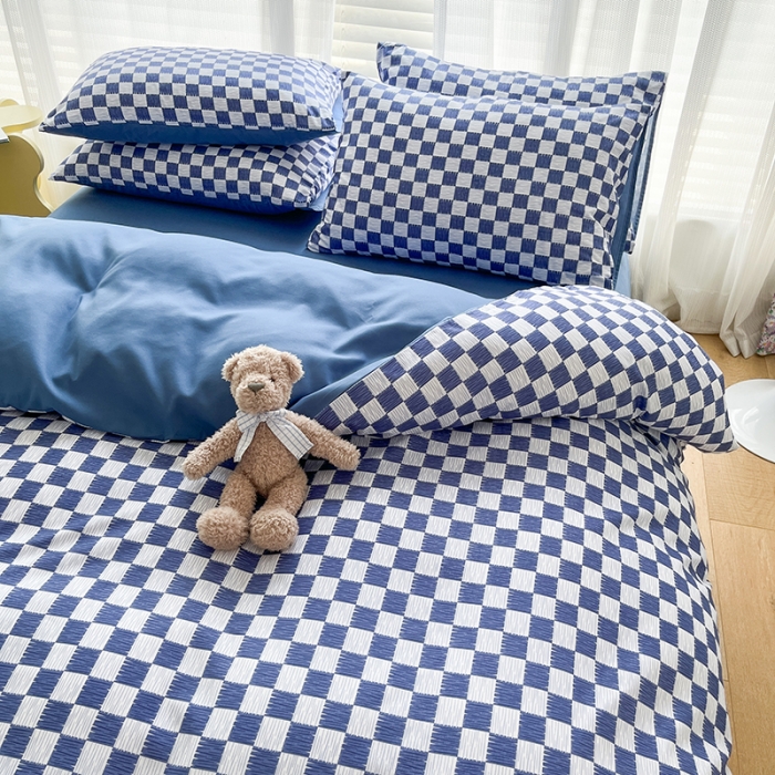 91家纺网 家纺一手货源 找家纺 赫然家纺 2026新款纯色磨毛系列床单款四件套 棋盘格-蓝
