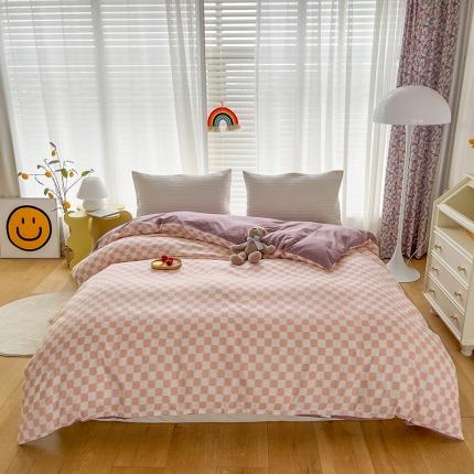 赫然家纺 新款纯色磨毛系列-单被套 棋盘格-粉