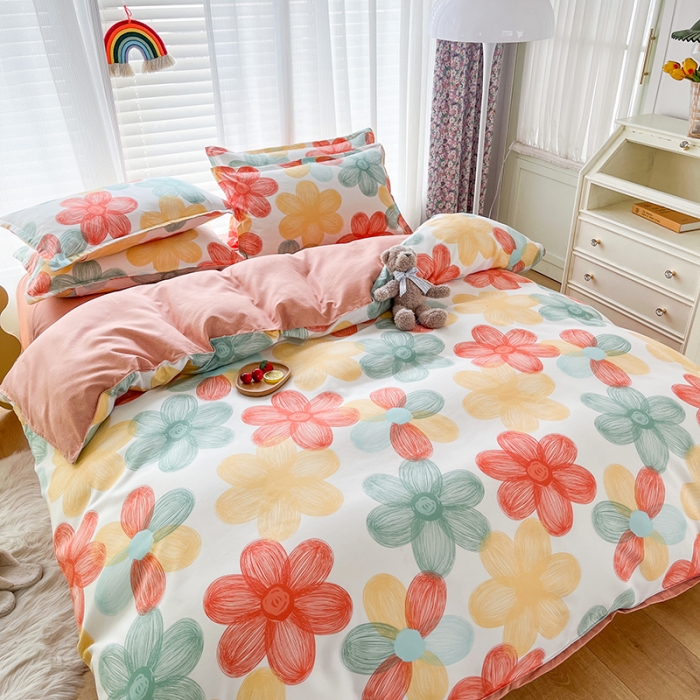 91家纺网 家纺一手货源 找家纺 赫然 130g生态长绒棉植物羊绒加厚斜纹磨毛四件套 七色花