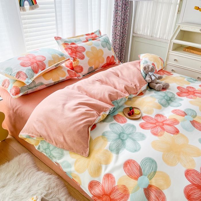 91家纺网 家纺一手货源 找家纺 赫然 130g生态长绒棉植物羊绒加厚斜纹磨毛四件套 七色花