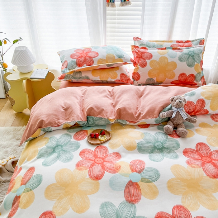 91家纺网 家纺一手货源 找家纺 赫然 130g生态长绒棉植物羊绒加厚斜纹磨毛四件套 七色花