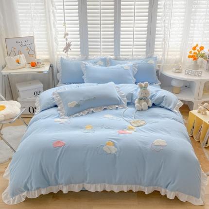 91家纺网 家纺一手货源 找家纺 （总）易禾家纺 2022新款小清新水洗亲肤棉四件套七彩云朵