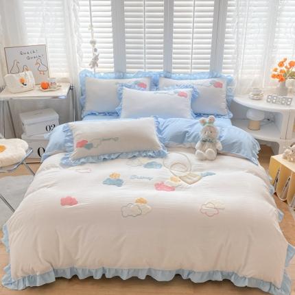 91家纺网 家纺一手货源 找家纺 易禾2022新款小清新水洗亲肤棉四件套七彩云朵 七彩云朵白蓝