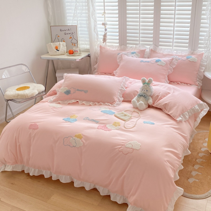 91家纺网 家纺一手货源 找家纺 （总）易禾家纺 2022新款小清新水洗亲肤棉四件套七彩云朵