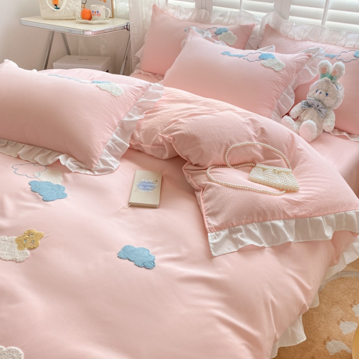 91家纺网 家纺一手货源 找家纺 （总）易禾家纺 2022新款小清新水洗亲肤棉四件套七彩云朵