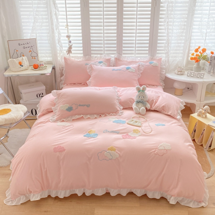 91家纺网 家纺一手货源 找家纺 （总）易禾家纺 2022新款小清新水洗亲肤棉四件套七彩云朵