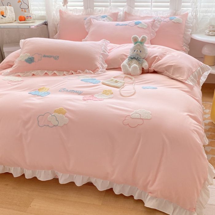 91家纺网 家纺一手货源 找家纺 （总）易禾家纺 2022新款小清新水洗亲肤棉四件套七彩云朵